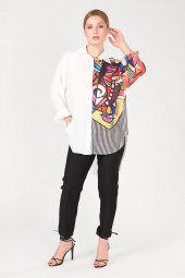 Kadın Dijital Baskı Oversize Gömlek Ekru - 1