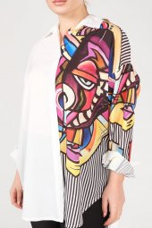 Kadın Dijital Baskı Oversize Gömlek Ekru - 5