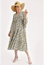 Kadın Çiçek  Desenli Volanlı Elbise Sarı - 2