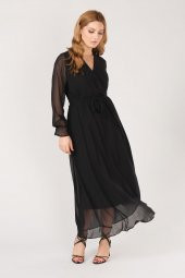 Kadın Kruvaze Yaka Şifon Elbise Siyah - 2