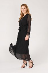 Kadın Kruvaze Yaka Şifon Elbise Siyah - 4