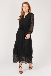 Kadın Kruvaze Yaka Şifon Elbise Siyah - 1