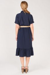 Kadın Etek Ucu Volanlı Hasır Kemerli Elbise Lacivert - 5