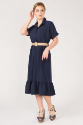 Kadın Etek Ucu Volanlı Hasır Kemerli Elbise Lacivert - 3