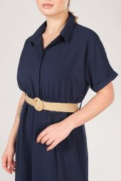 Kadın Etek Ucu Volanlı Hasır Kemerli Elbise Lacivert - 6