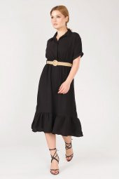 Kadın Etek Ucu Volanlı Hasır Kemerli Elbise Siyah - 2