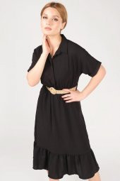 Kadın Etek Ucu Volanlı Hasır Kemerli Elbise Siyah - 3