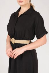 Kadın Etek Ucu Volanlı Hasır Kemerli Elbise Siyah - 5