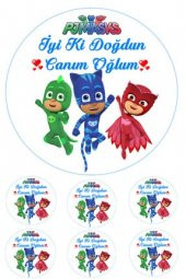 Yenilebilir Pasta Resmi Pijamaskeliler Modelli Pirinç Kağıdından 6-8-10 Kişilik Pastaya Uygun 16 cm - 1