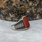 Grek Desenli Akik Taşlı 925 Gümüş Erkek Yüzük - 5