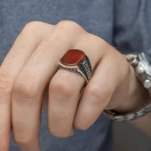 Grek Desenli Akik Taşlı 925 Gümüş Erkek Yüzük - 11