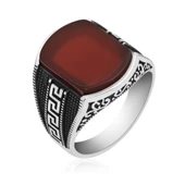 Grek Desenli Akik Taşlı 925 Gümüş Erkek Yüzük - 7