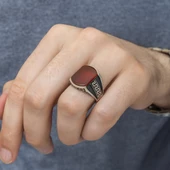 Grek Desenli Akik Taşlı 925 Gümüş Erkek Yüzük - 3