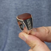 Grek Desenli Akik Taşlı 925 Gümüş Erkek Yüzük - 2