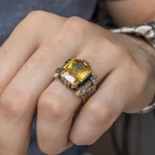 Sitrin Taşlı Kare Tasarım 925 Gümüş Erkek Yüzük thumbnail 3