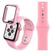Apple Watch Seri 5 40mm Silikon Kordon Ve Gard Ekran Koruyucu Set Pembe - 1