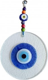 Mavi Nazar Boncuklu El Yapımı Şeffaf Cam Duvar Süsü - 1