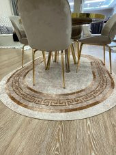 Klasik Desen Oval Clorisa Çizgili Lateks Deri Taban Saçaksız Salon Halısı  Kahverengi 160 x 230 - 1