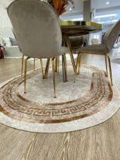 Klasik Desen Oval Clorisa Çizgili Lateks Deri Taban Saçaksız Salon Halısı  Kahverengi 160 x 230 - 2