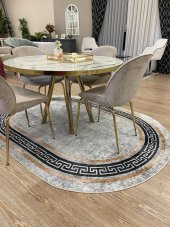 Klasik Desen Oval Clorisa Çizgili Lateks Deri Taban Saçaksız Salon Halısı  Gri 130 x 190 - 1