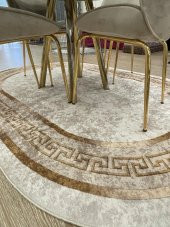 Klasik Desen Oval Clorisa Çizgili Lateks Deri Taban Saçaksız Salon Halısı  Kahverengi 160 x 230 - 3