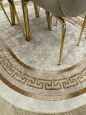 Klasik Desen Oval Clorisa Çizgili Lateks Deri Taban Saçaksız Salon Halısı  Kahverengi 160 x 230 - 4