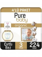 Pure Baby Organik Pamuklu Cırtlı Bez Pure Baby 4lü  Paket 3 Numara Midi 224 Adet - 1
