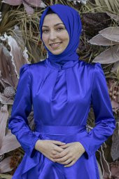 Tesettür Abiye Elbise - Saks Mavisi - 2