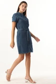 Kadın Koyu Mavi Kısa Kollu Jean Elbise - 3
