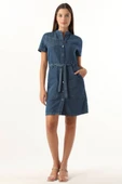 Kadın Koyu Mavi Kısa Kollu Jean Elbise - 1