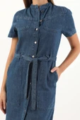 Kadın Koyu Mavi Kısa Kollu Jean Elbise - 6