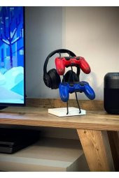 Beyaz Ahşap Ve Siyah Metal Gaming Ps4 Ps5 Xbox Joystick Kontroller Tutucu Ve Kulaklık Dikey Standı - 1