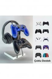 Beyaz Ahşap Ve Siyah Metal Gaming Ps4 Ps5 Xbox Joystick Kontroller Tutucu Ve Kulaklık Dikey Standı - 2