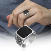 Kare Siyah Mineli Erzurum İşleme 925 Gümüş Erkek Yüzük thumbnail 1