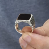 Kare Siyah Mineli Erzurum İşleme 925 Gümüş Erkek Yüzük thumbnail 8