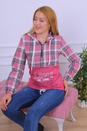 Kapüşonlu Baskılı Oduncu Sweatshirt Pembe - 4
