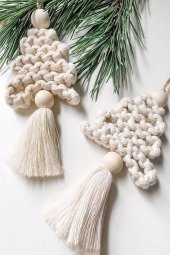 2 Adet Handmade Ekru Makrome Çam Ağacı Duvar & Ağaç Süsü - 1