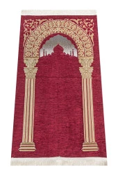 Taç Mahal Desenli Şönil Seccade - Bordo Renk thumbnail 1