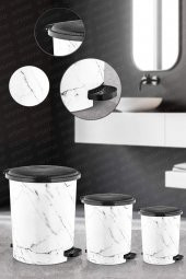 3'lü Pedallı Çöp Kovası Seti Mermer Desenli Beyaz - 1