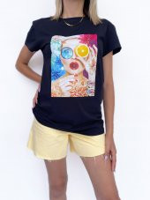 Kadın Baskılı Basic Siyah Tshirt - 1
