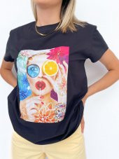 Kadın Baskılı Basic Siyah Tshirt - 4