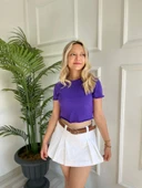 Kadın Büzgü Detaylı Crop Mor Tshirt - 1