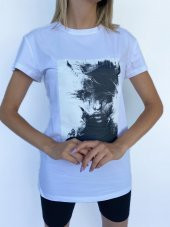Kadın Women Face Baskılı Basic Beyaz Tshirt - 4