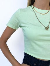 Kadın Büzgü Detaylı Crop Mint Tshirt - 4