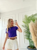 Kadın Büzgü Detaylı Crop Mor Tshirt - 2