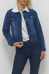 Yakası Peluş Kot Ceket Mavi thumbnail 2