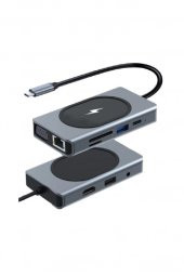 Shaza 9in1 USB Type-C Hub Port Adaptör 4K HDMI USB Ethernet Pd Girişli 15W Kablosuz Şarj - 1