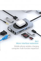 Shaza 9in1 USB Type-C Hub Port Adaptör 4K HDMI USB Ethernet Pd Girişli 15W Kablosuz Şarj - 3