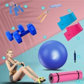 Pilates Yoga ve Fitness Seti 10 Parça Gold Ev Paket Dambıl, Mat, Plates Topu, Direnç Lastiği, İp, Body Trimmer - 1