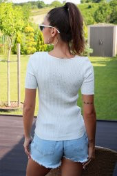 V YAKA KISA KOL BLUZ BEYAZ M - 3